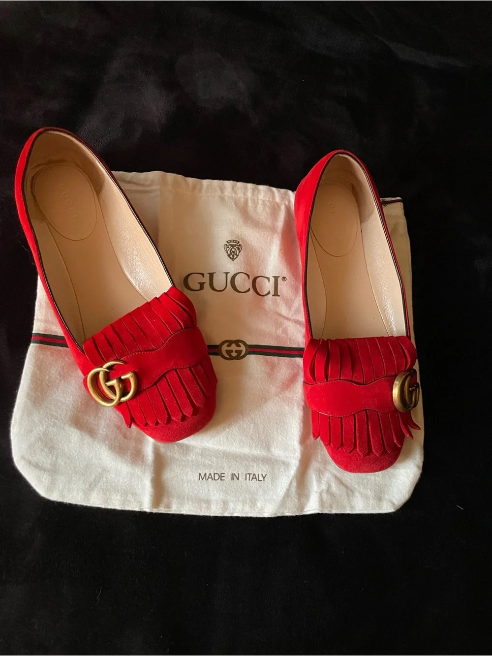 Authentic Gucci Red Suede Fringe GG Loafers for Women